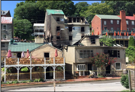 Aftermath of burnt historic buildings in Harpers Ferry, WV
